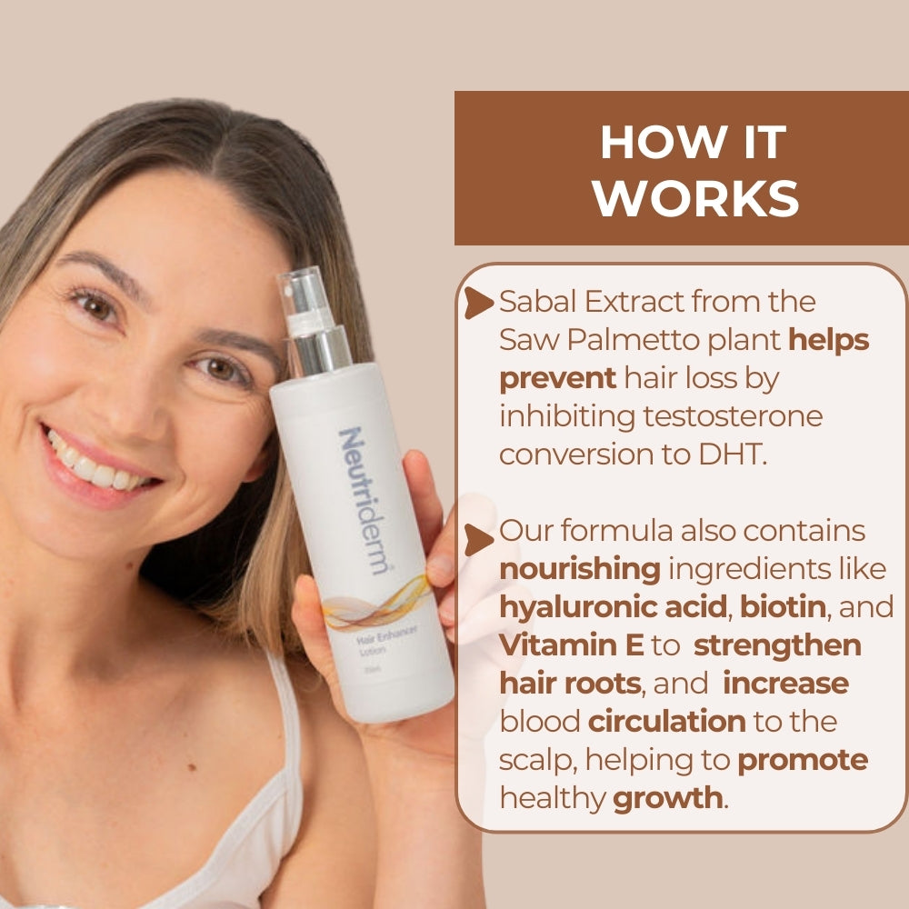 Neutriderm Hair Enhancer Lotion being held by a smiling woman, explaining how it prevents hair loss and promotes hair growth. 