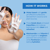 Woman holding foamy cleanser on her hands, describing how the Neutriderm Foaming Cleanser breaks down impurities and makeup with gentle surfactants, brightens skin with Niacinamide and Vitamin C, and hydrates with Panthenol. 