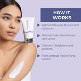 Image of a model with the Neutriderm Illuminating Body Duo product on her shoulder. Text describing how the product works.