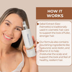 Woman holding a Neutriderm Hair Enhancer Lotion with text about its ingredients and benefits on a beige background
