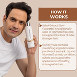 Man holding a NeutriDerm Hair Enhancer Conditioner with text about its ingredients and benefits.