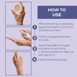 3 separate images showing a model using the products including Neutriderm Exfoliator Set Vitamin C Scrub & Copper Activator Serum  with the steps describing how to use it.