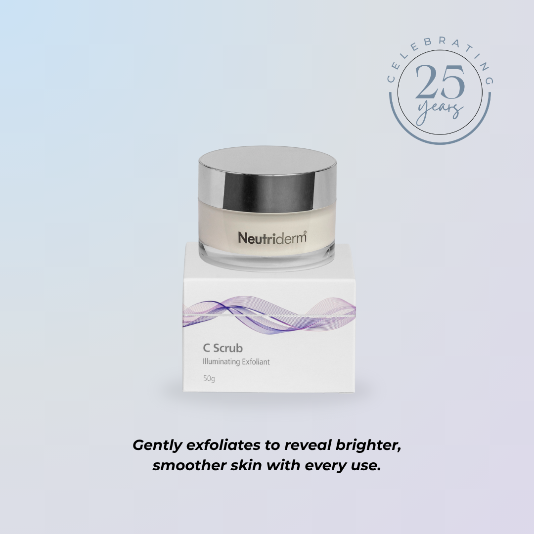 Neutriderm C Scrub jar with packaging on a light blue background