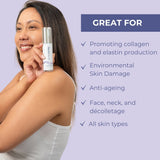 Smiling woman holding a bottle of Neutriderm Copper Activator Illuminating Booster against a purple background. Text highlights product benefits: Promoting collagen and elastin production, protecting against environmental skin damage, anti-ageing, suitable for face, neck, and décolletage, and ideal for all skin types.