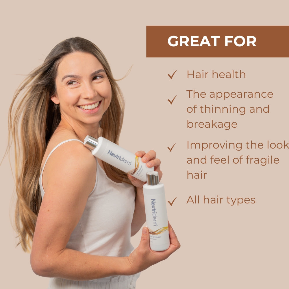 Woman holding ND Hair Enhancer Conditioner with text highlighting benefits on a beige background