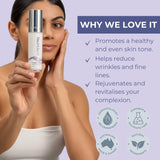 Image of a model smiling and holding Neutriderm Exfoliator Set product with the text describing the reasons to love these products that promotes a healthy skin, reduce wrinkles and fine lines, rejuvenates complexion with  icons for dermatologist recommended and natural ingredients.