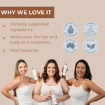 Three women holding ND Hair Enhancer Conditioner with text about product benefits on a beige background