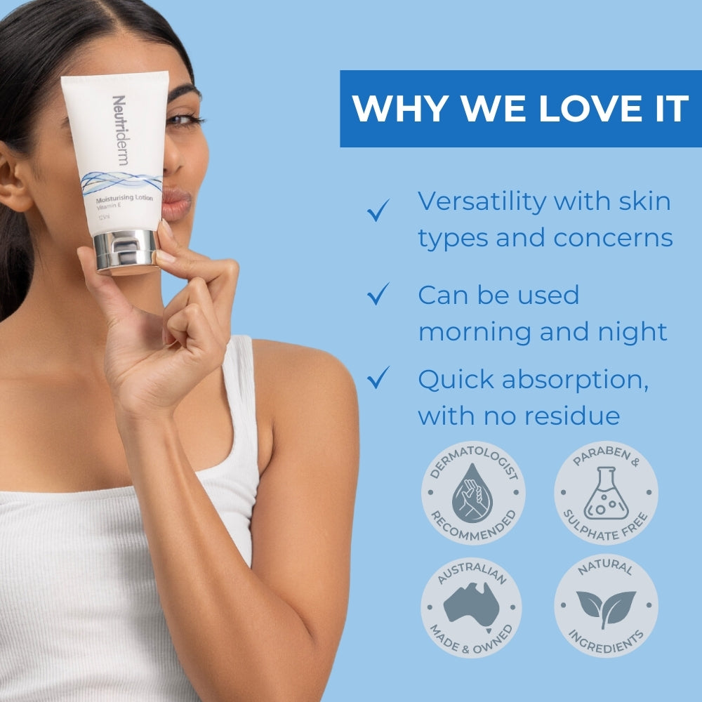 Neutriderm Moisturising Lotion with benefits such as versatility for all skin types, suitable for morning and night use, and quick absorption. 