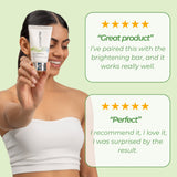 Customer testimonials for Neutriderm Skin Whitening Crème, praising its effectiveness and pairing with the brightening bar. 