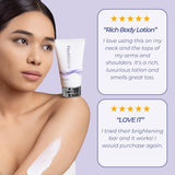 Image of a model holding a Neutriderm Illuminating Body Duo product on her shoulder with the text describing the reviews of the product.