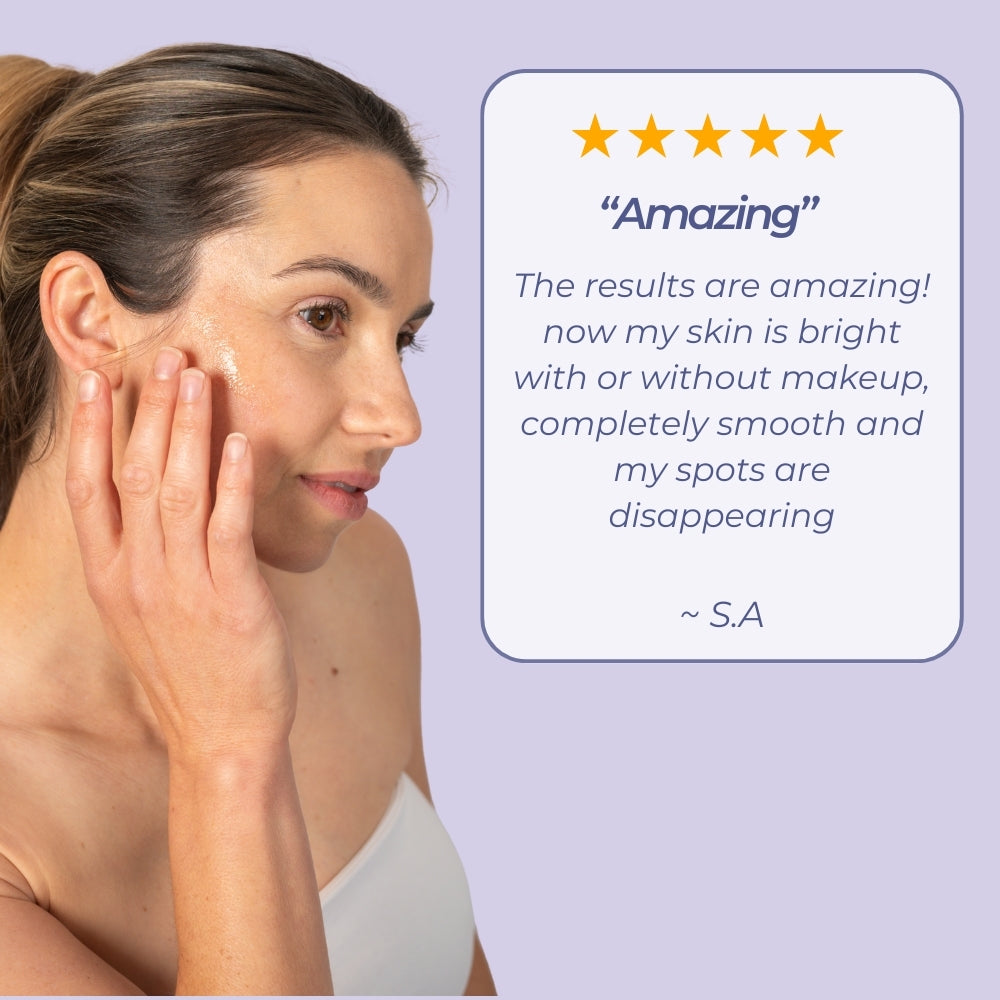 Customer testimonial for Neutriderm Copper Activator, praising bright, smooth skin results and improvement in spots. 