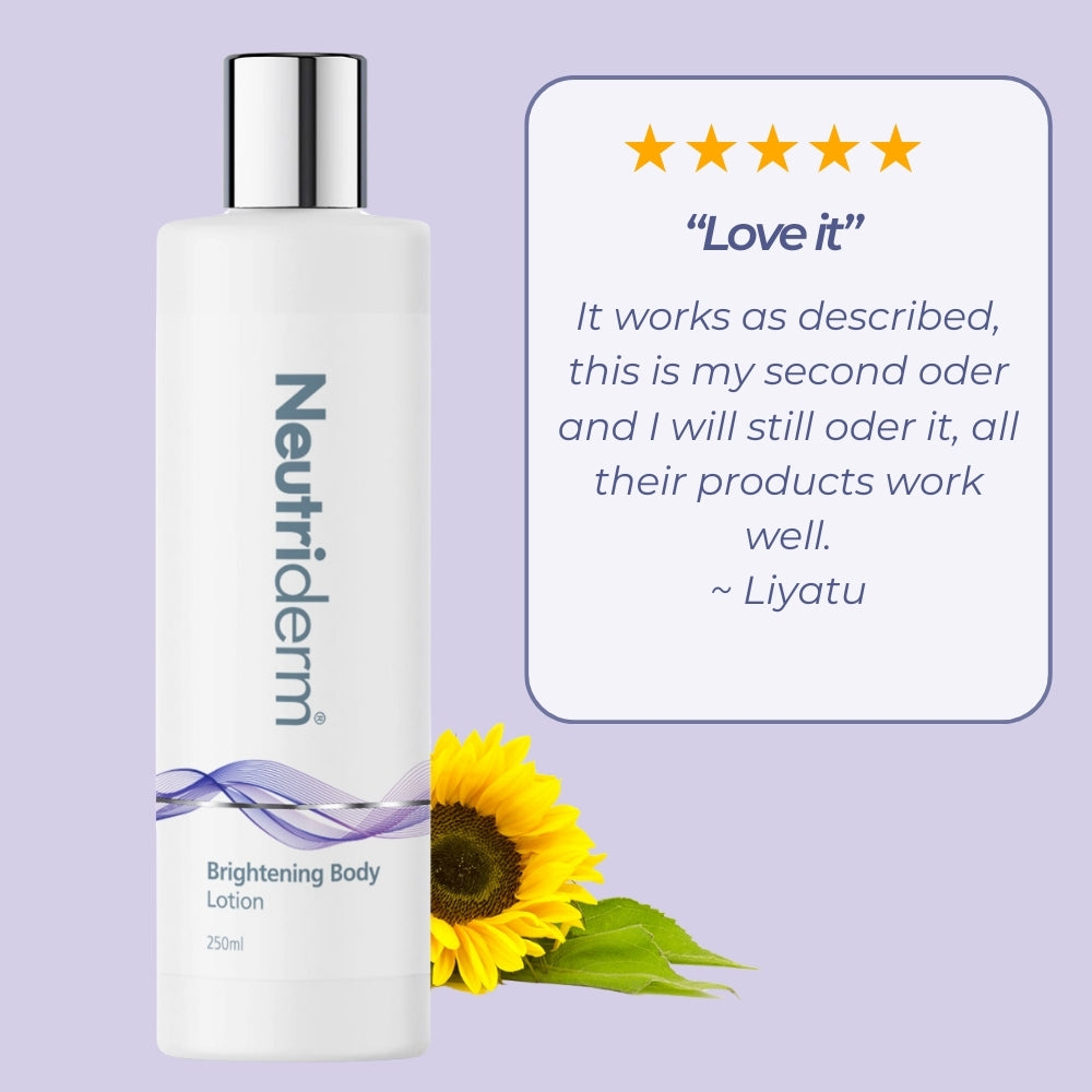 Customer testimonial for Neutriderm Brightening Body Lotion, praising its effectiveness and repeated orders, rated five stars. 