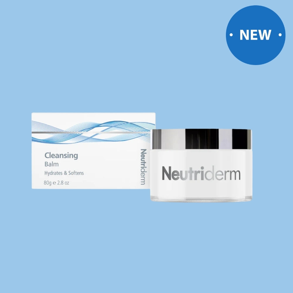 Neutriderm Cleansing Balm with packaging, displayed against a light blue background with a 'New' badge. 