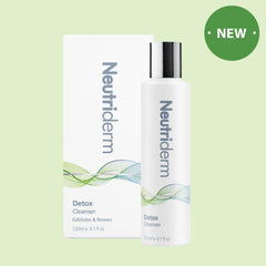 Neutriderm Detox Cleanser product image, 120 ml bottle displayed with packaging on a soft green background, featuring 'New' label on the upper right corner. 