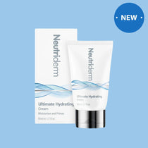 The Ultimate Hydrating Cream bottle displayed on a light blue background with a small New label on the top right corner. 