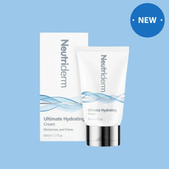 The Ultimate Hydrating Cream bottle displayed on a light blue background with a small New label on the top right corner. 