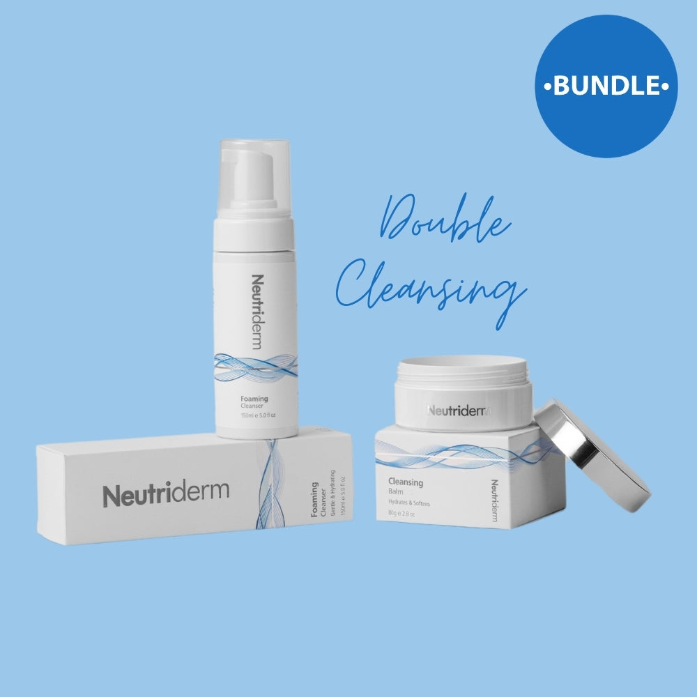 Main product image of the Nutriderm Double Cleansing Bundle including Cleansing Balm and Foaming Cleanser outside the presentation box.