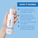 Image of a model holding the product Nutriderm Foaming Cleanser with the text describing how it works on cleansing and removing all traces of makeup.