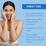 Image of a model smiling and using Neutriderm Foaming Cleanser with the text describing the benefits including removing makeup, dirt, and impurities and keeping skin hydrated.