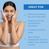 Image of a model smiling and using Neutriderm Foaming Cleanser with the text describing the benefits including removing makeup, dirt, and impurities and keeping skin hydrated.