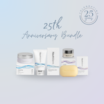 Neutriderm 25th Anniversary Bundle including Brightening Bar, Moisturising Lotion, C Scrub, Cleansing Balm,non a light blue background with '25th Anniversary Bundle' text.