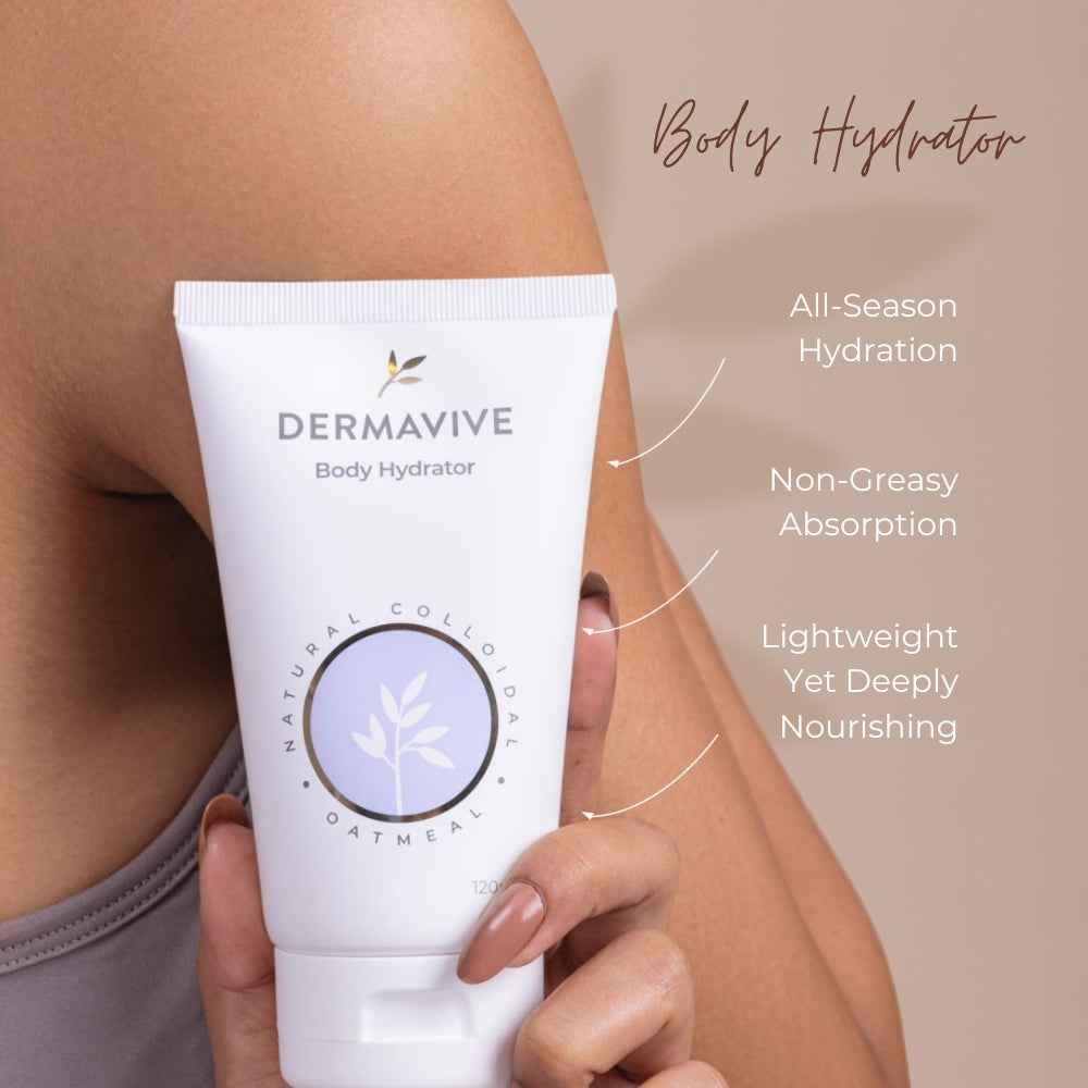 Dermavive Body Hydrator tube showcasing lightweight formula for all-season hydration, promote as best body oil