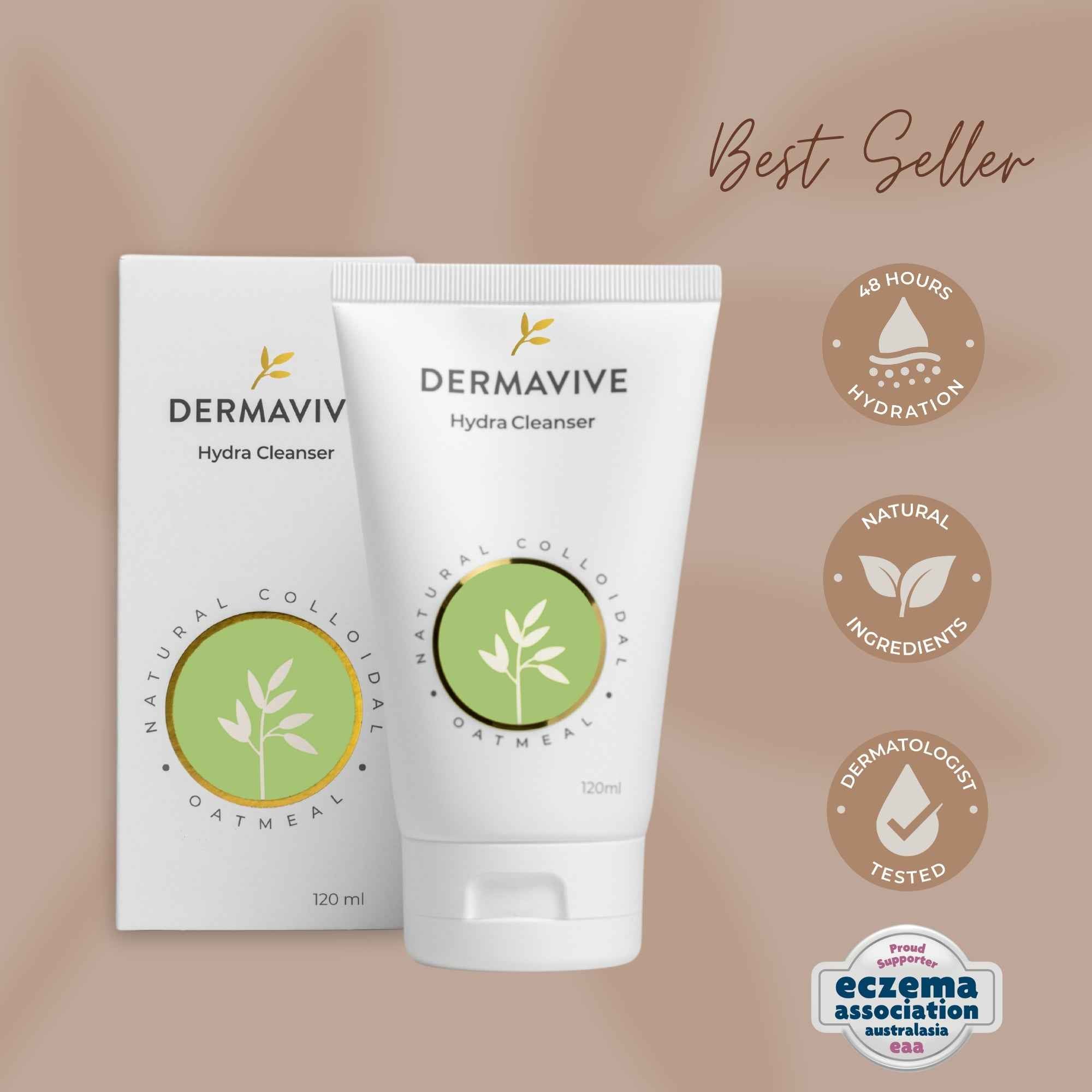 Dermavive Hydra Cleanser for Sensitive Skin in 120ml tube, promotes hydration with natural ingredients.