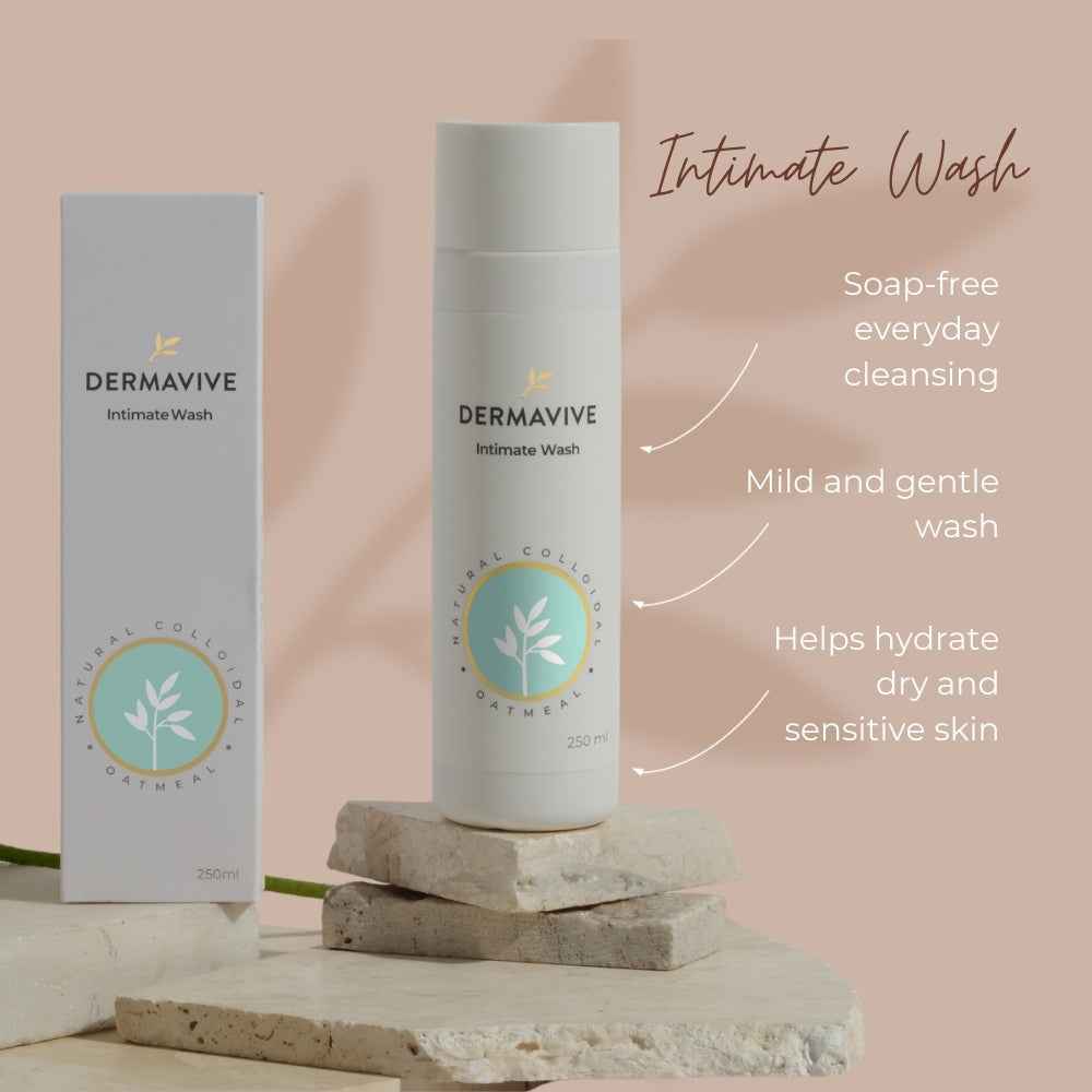 Dermavive Feminine Wash for gentle cleansing and hydration of dry, sensitive skin in 250ml packaging