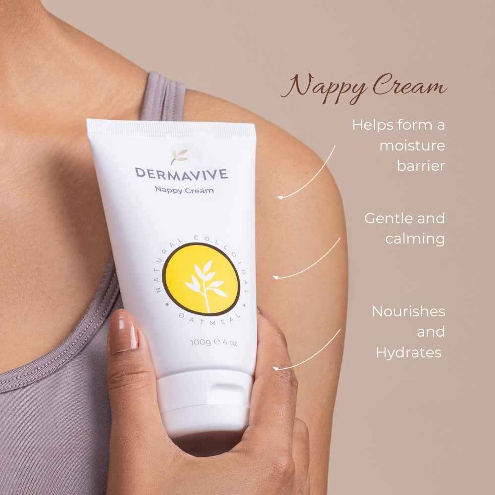 Dermavive Natural Nappy Cream for Sensitive Skin in a tube, moisturizing and soothing formula for delicate skin