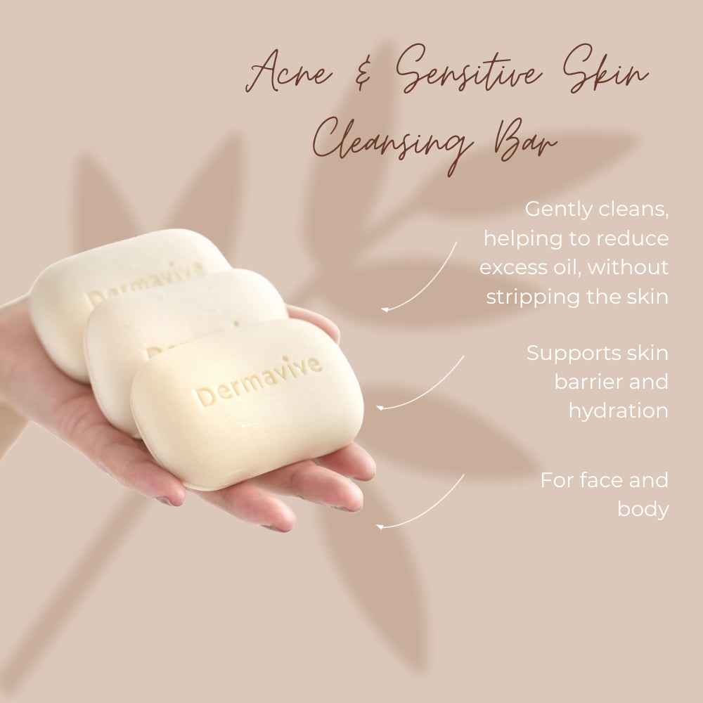 Dermavive sensitive skin cleansing bar gently cleans and supports skin barrier hydration for face and body